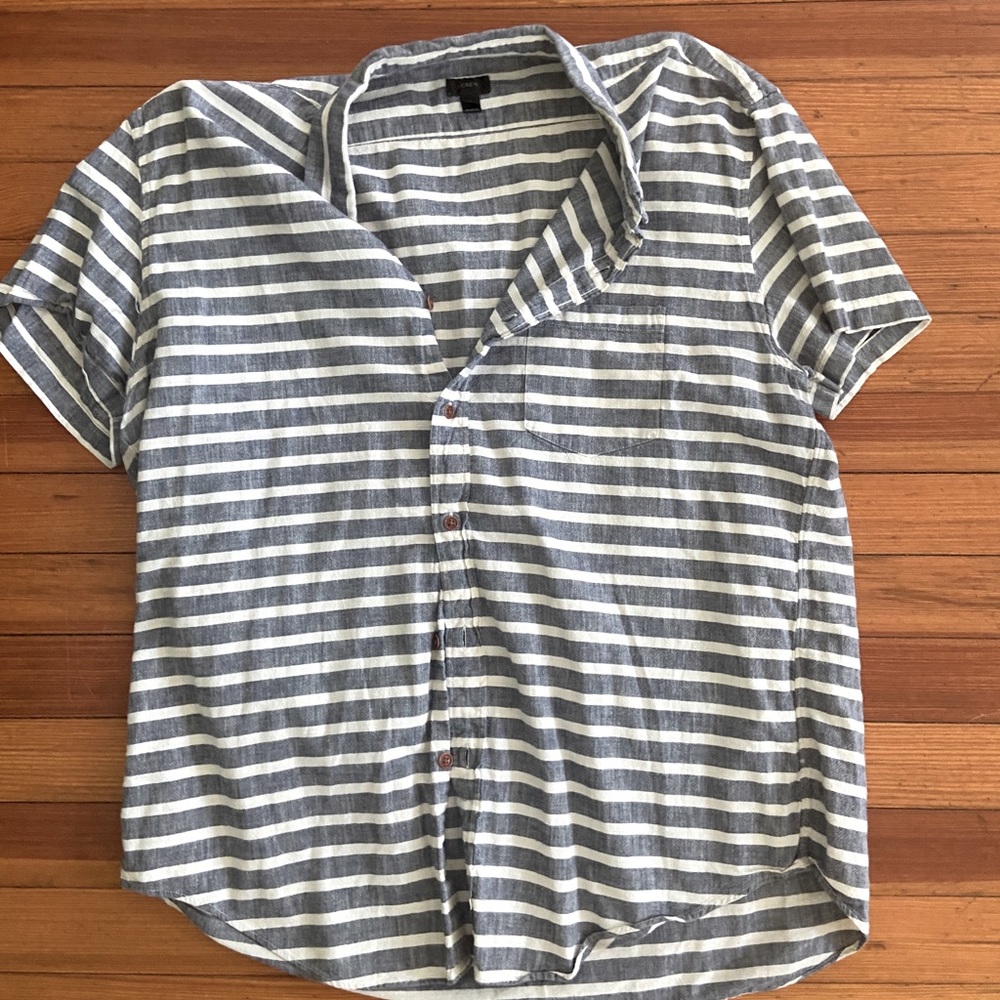 J. Crew Men Short Sleeve Stripe Linen Shirt XL